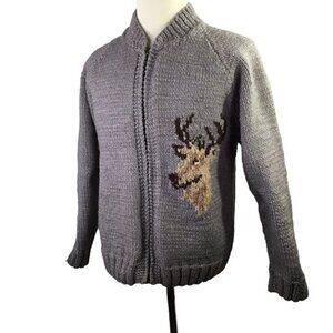 Hand Knit Vintage Cardigan Deer Buck Sweater Cowichan Hand Made Full Zip Size XL